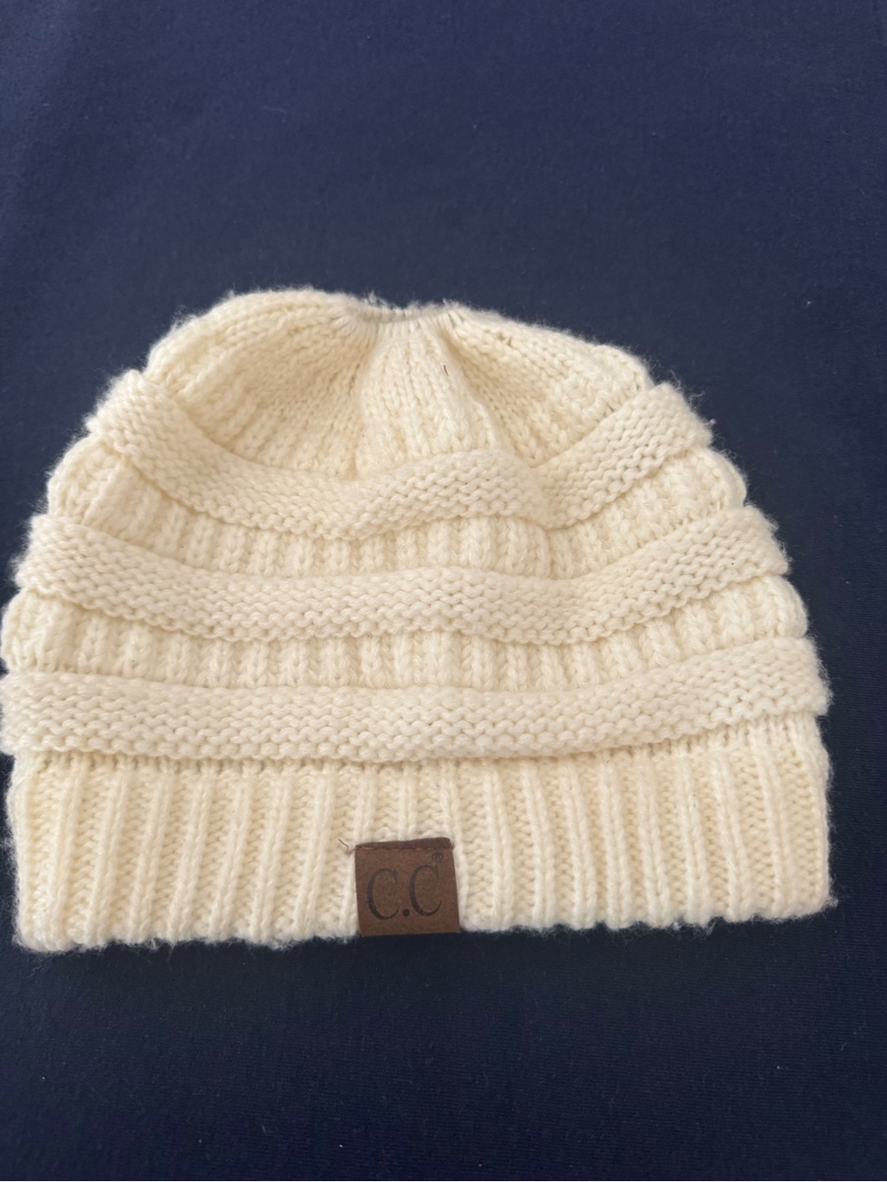 C.C Cream Knit Beanie Hat with ponytail hole in top OS